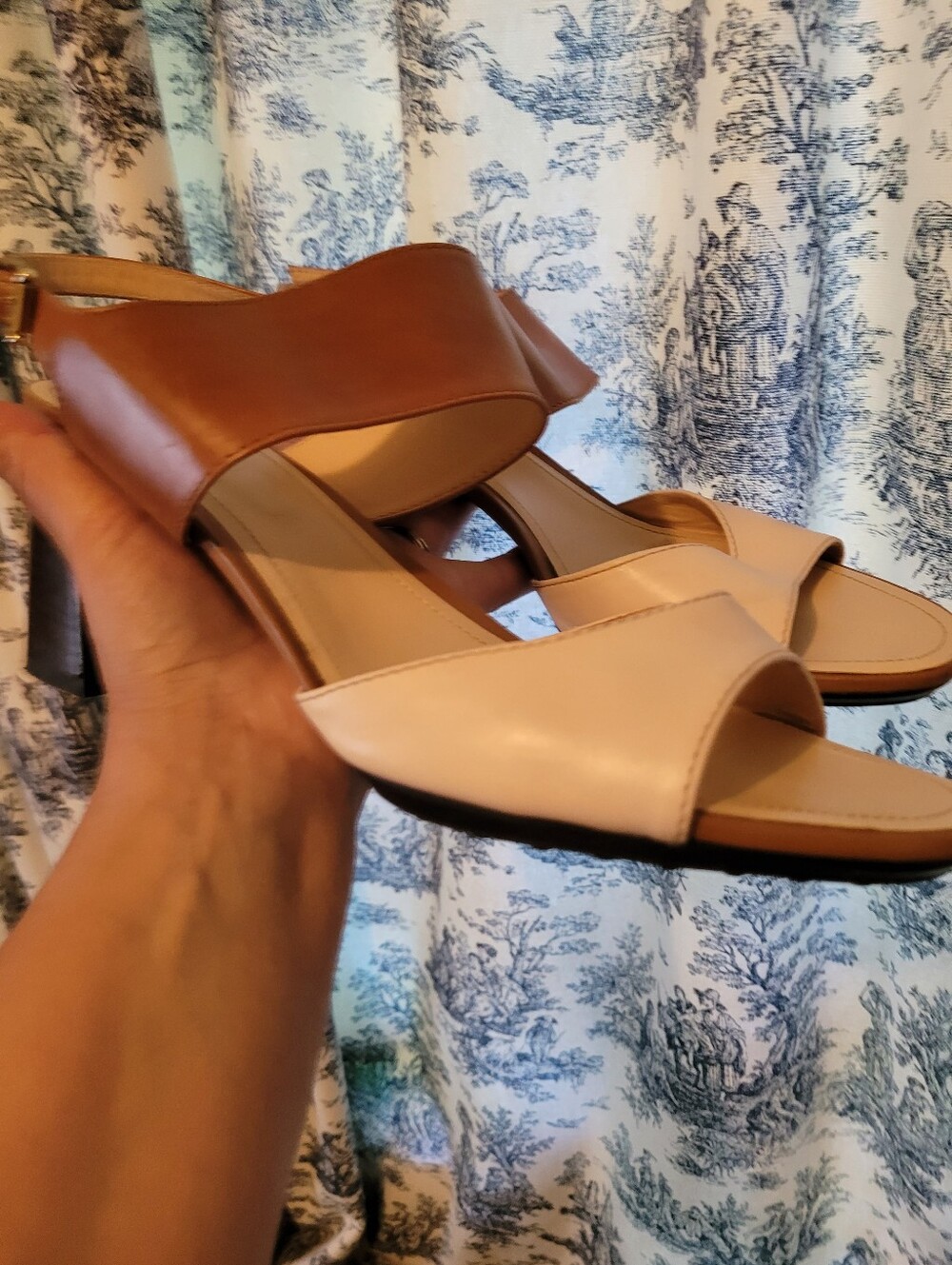 Tod's 41/10 Womens Neutral Two-Tone Block Heel Sandals - Brown & Cream - Picture 2 of 6